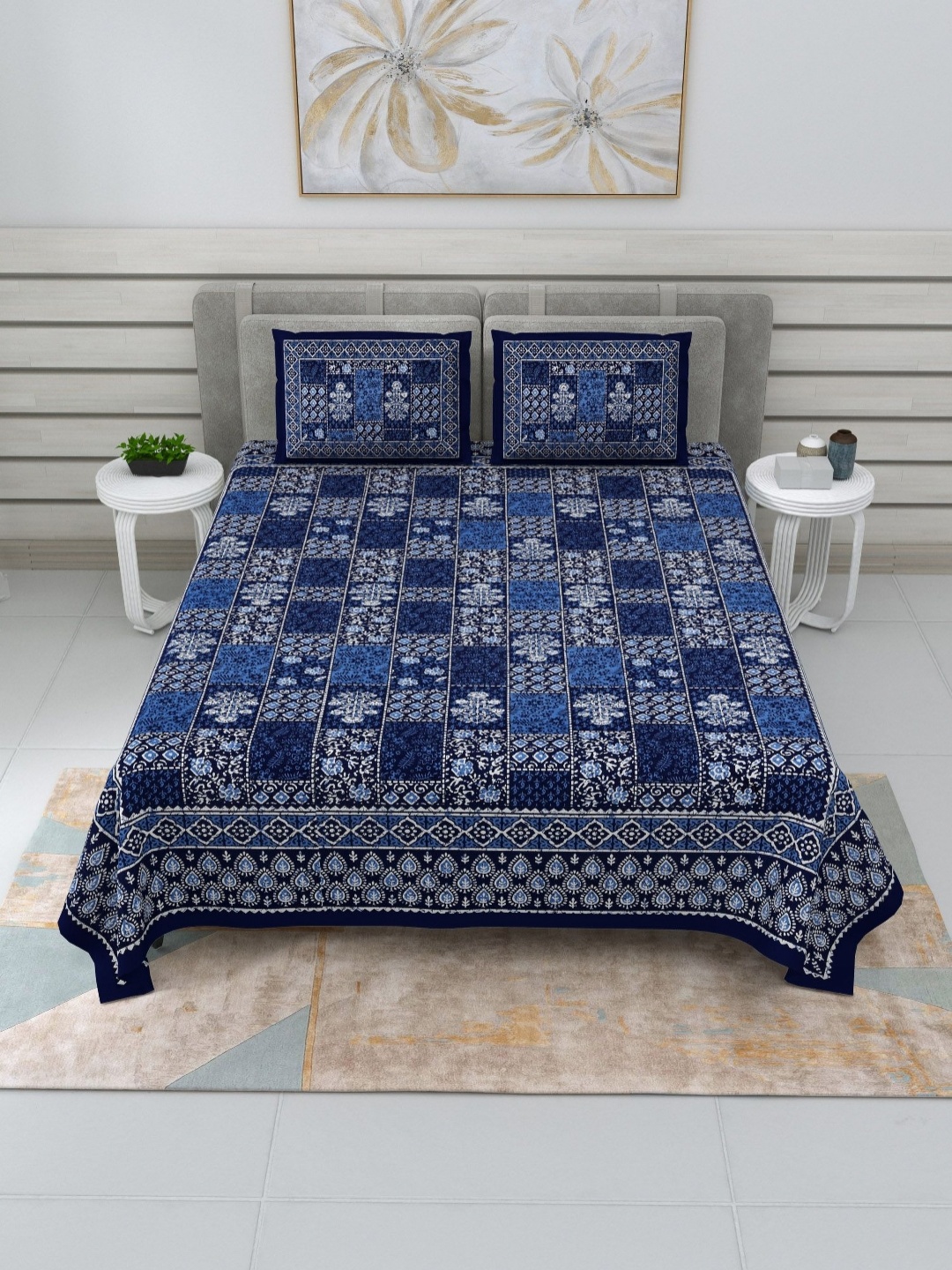 

SHOOLIN Blue & White Floral 144 TC King Bedsheet with 2 Pillow Covers