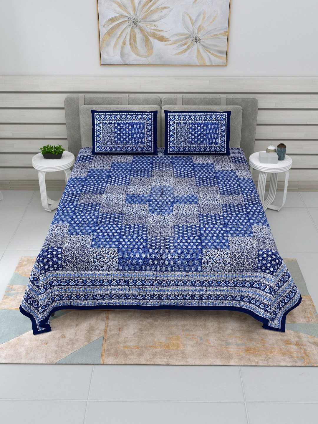 

SHOOLIN Blue & White Floral Printed 144 TC King Bedsheet with 2 Pillow Covers
