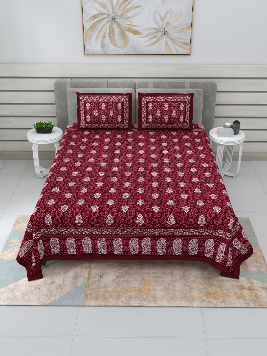 

SHOOLIN Maroon & Cream-Coloured Floral 144 TC King Bedsheet with 2 Pillow Covers