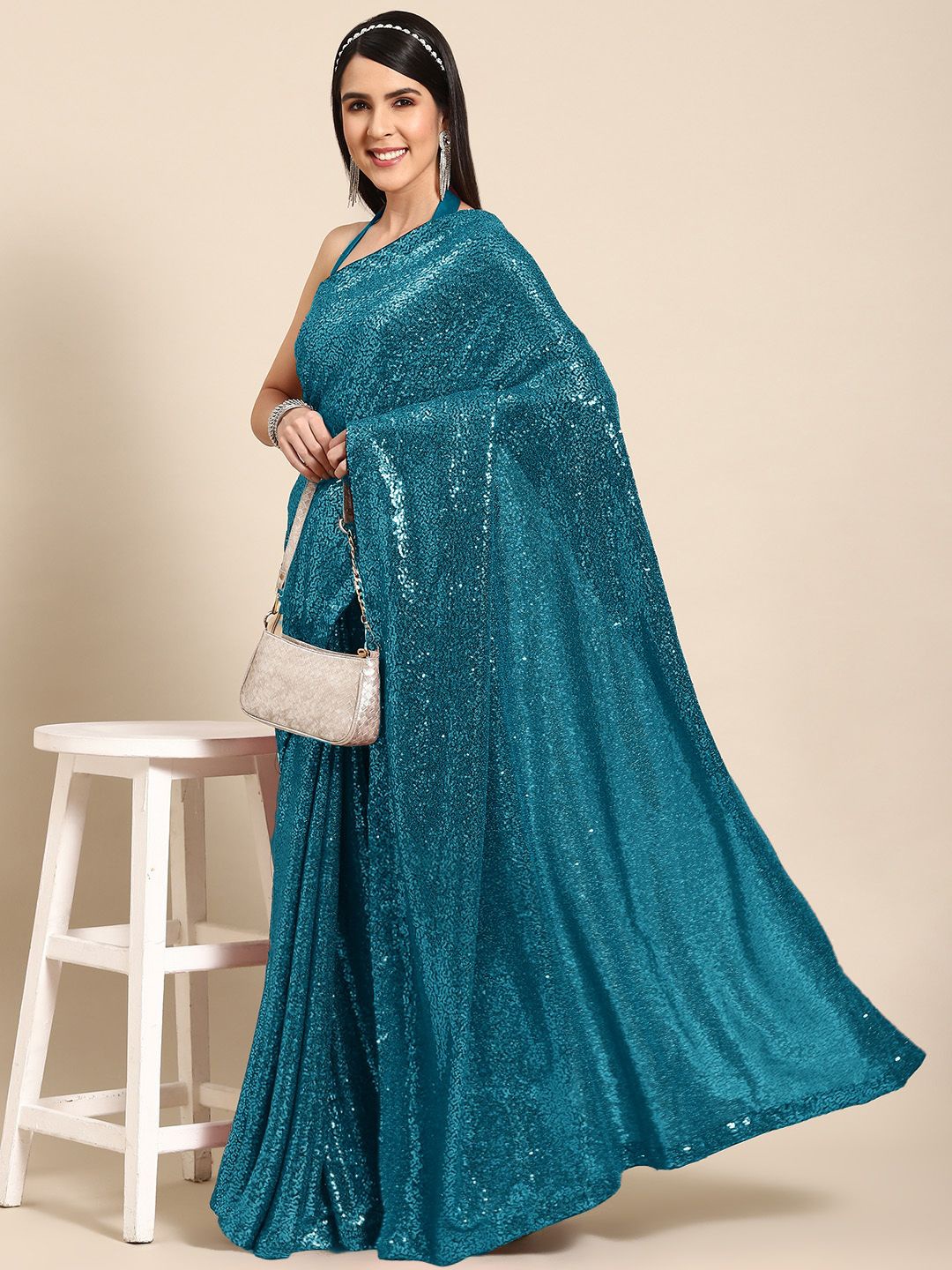 

Chhabra 555 Allover Embelished Saree with Blouse Piece, Turquoise blue