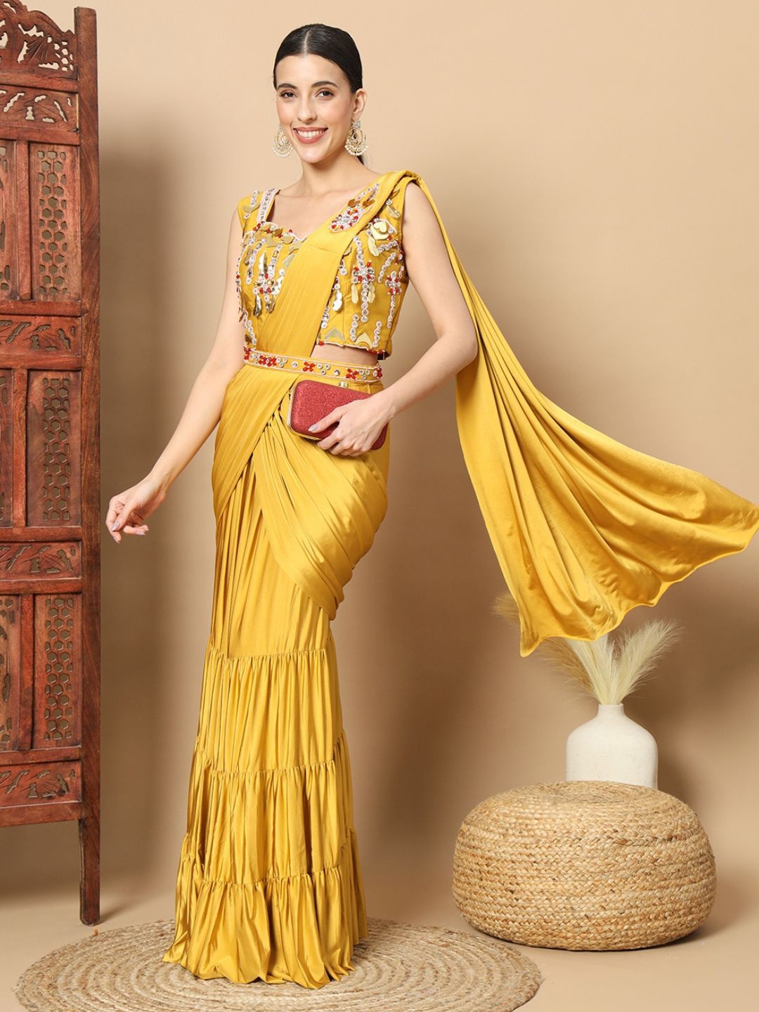 

Chhabra 555 Ready to Wear Solid Saree with Stiched Embelished Blouse and Belt, Mustard