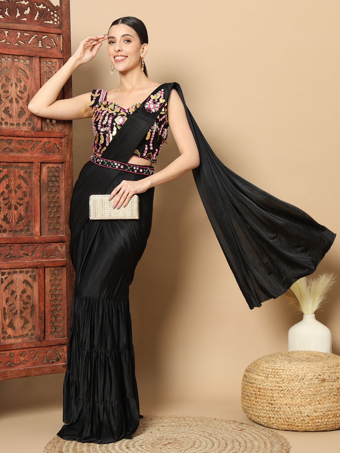 

Chhabra 555 Ready to Wear Solid Saree with Stiched Embelished Blouse and Belt, Black