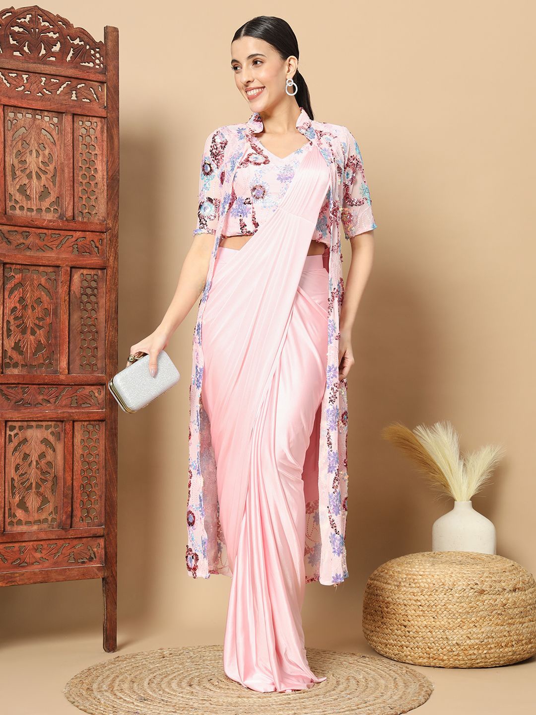 

Chhabra 555 Ready to Wear Saree with Stiched Blouse and Long Sequinned Jacket, Pink
