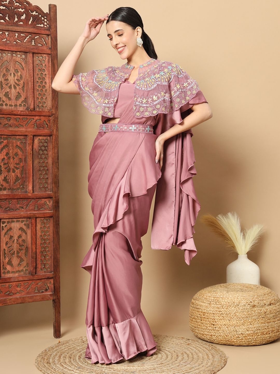 

Chhabra 555 Ready to Wear Ruffle Saree with Stiched Blouse and Sequinned Cape with Belt, Pink