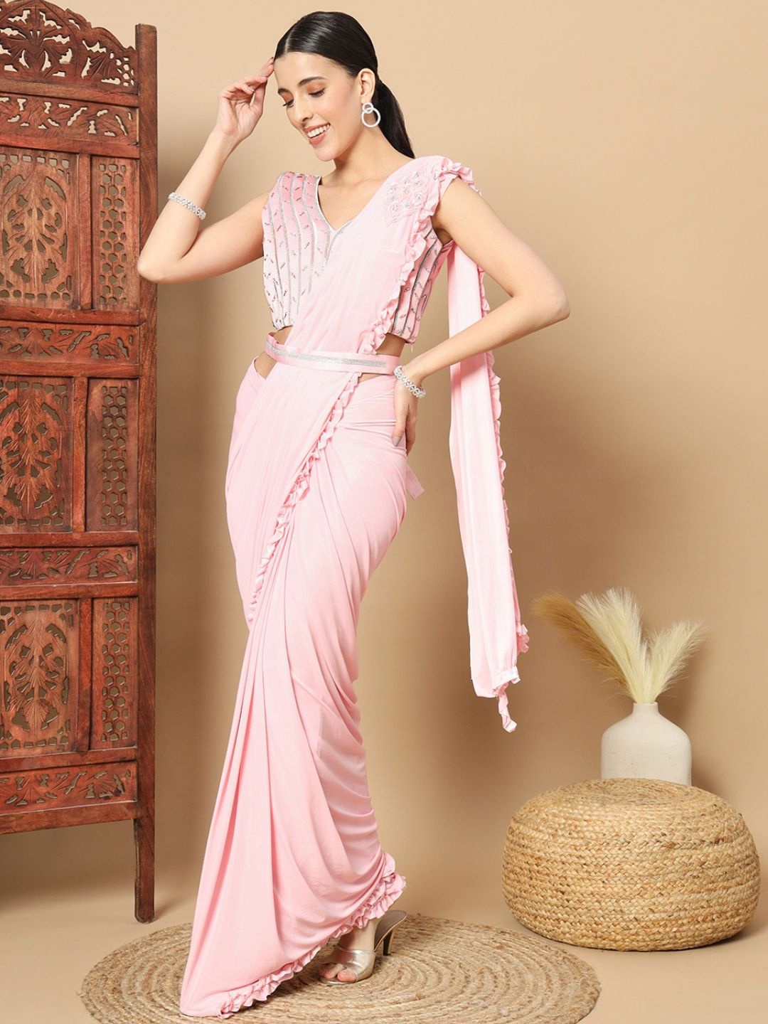 

Chhabra 555 Redy to wear Ruffle Saree with Stiched Blouse, Pink