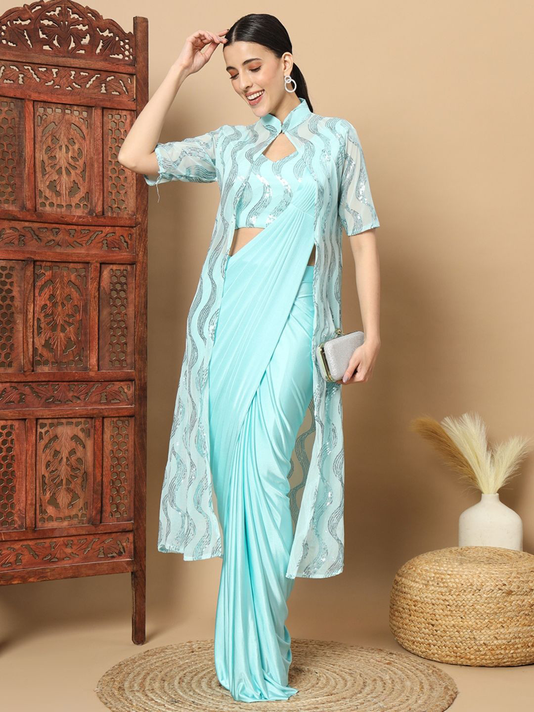 

Chhabra 555 Ready to Wear Saree with Stiched Blouse and Long Sequinned Jacket, Turquoise blue