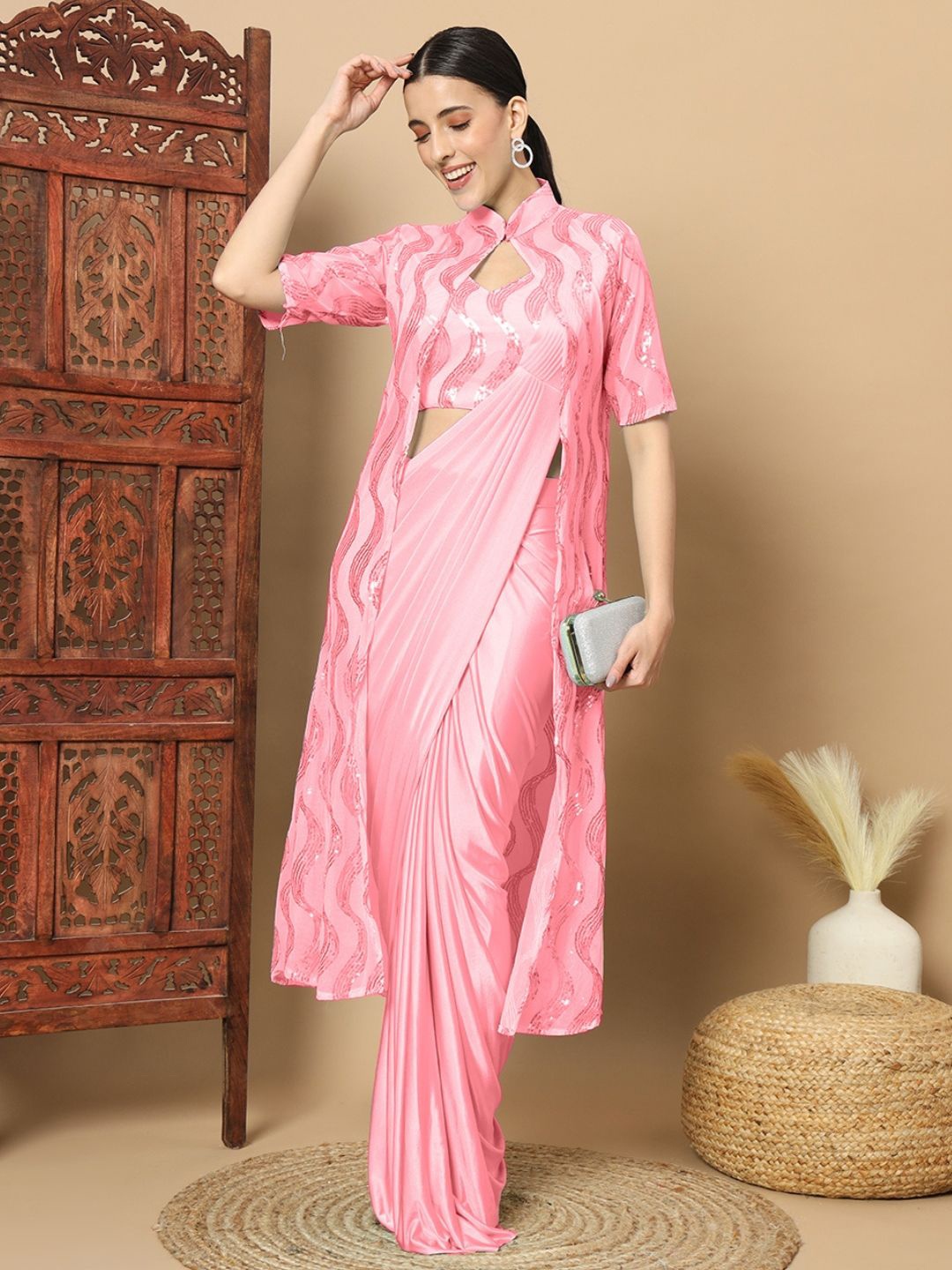 

Chhabra 555 Ready to Wear Saree with Stiched Blouse and Long Sequinned Jacket, Pink