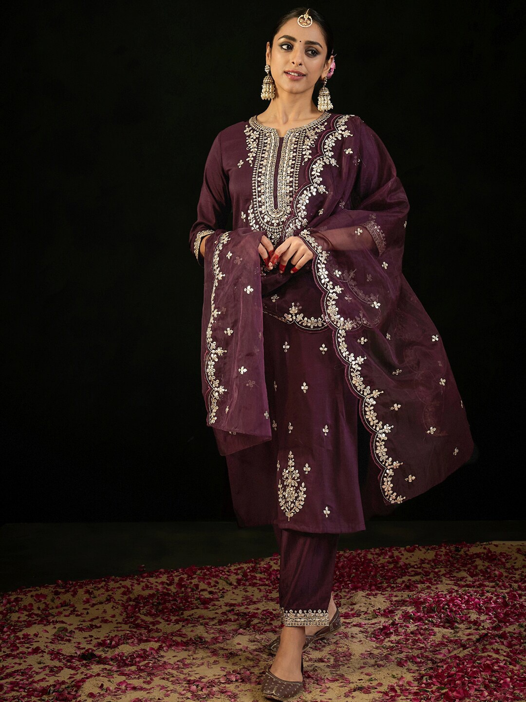 

Indo Era Ethnic Motifs Embroidered Gotta Patti Straight Kurta & Trousers With Dupatta, Burgundy