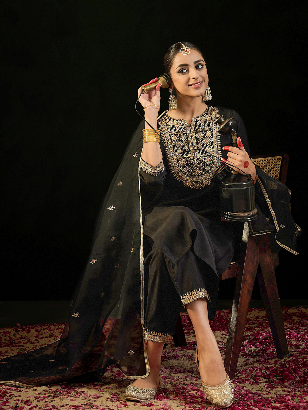 

Indo Era Round Neck Ethnic Motifs Embroidered Liva Kurta with Trouser & Dupatta, Black