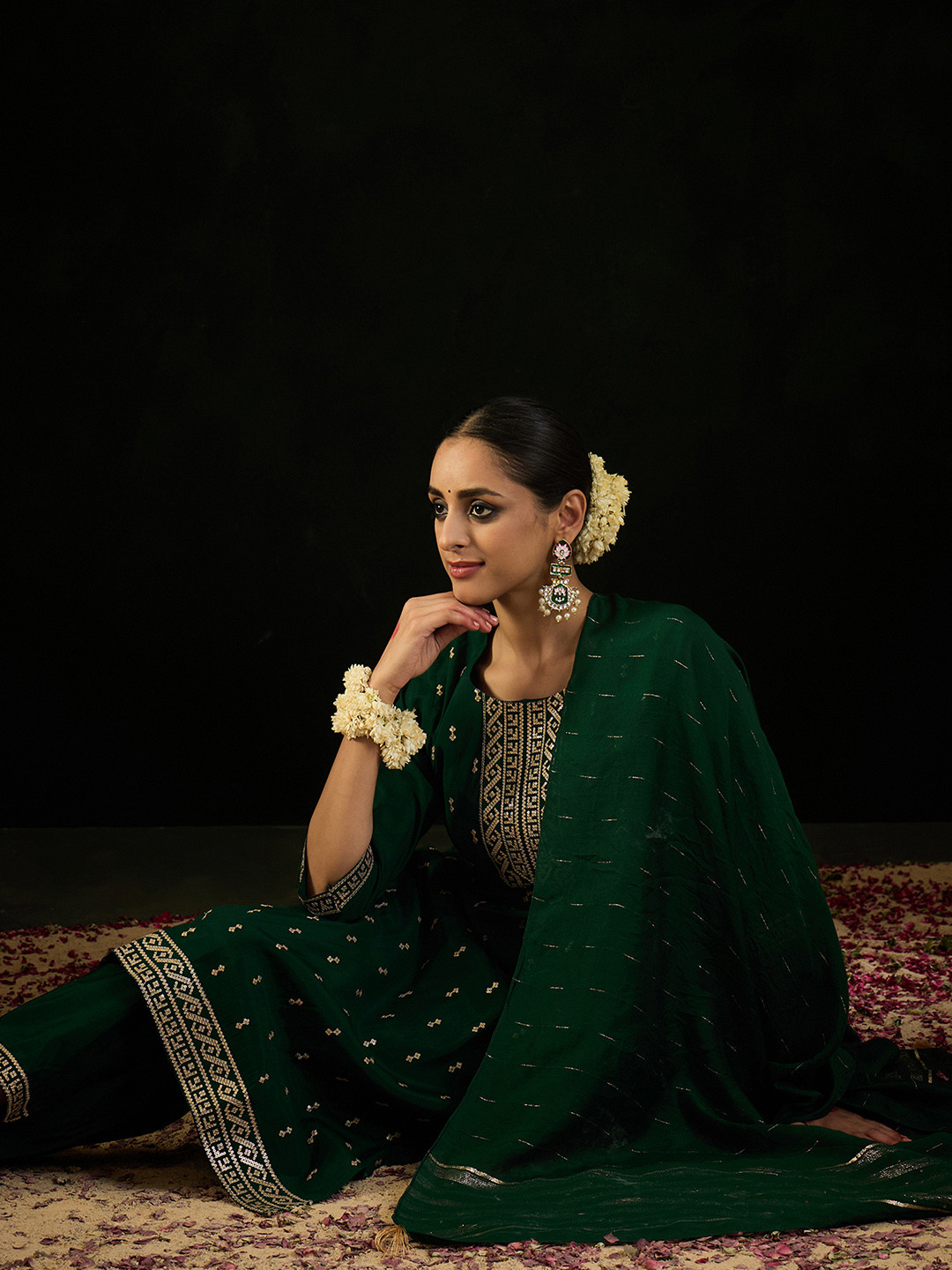 

Indo Era Geometric Embroidered Sequinned Chanderi Silk Straight Kurta & Trousers & Dupatta, Green