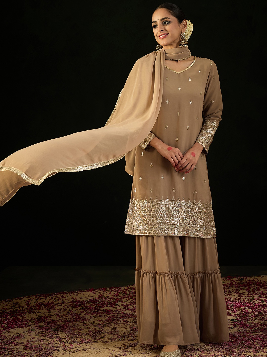 

Indo Era V Neck Ethnic Motifs Embroidered Sequinned Kurta with Sharara & Dupatta, Beige