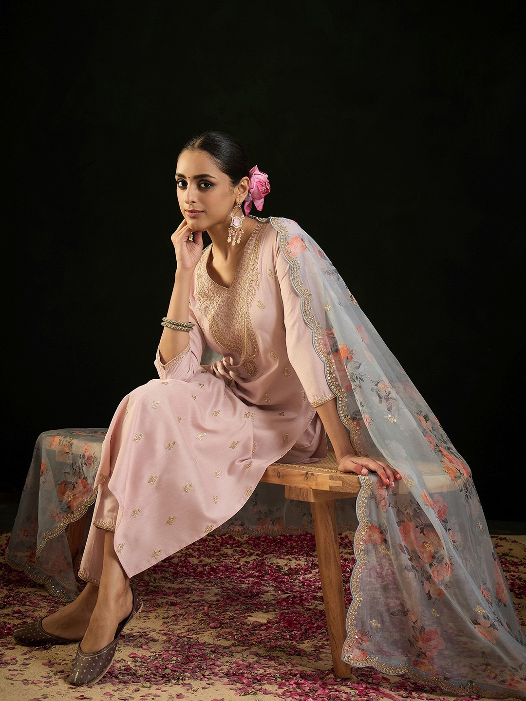 

Indo Era Notched Neck Floral Embroidered Thread Work Kurta with Trouser & Dupatta, Blue