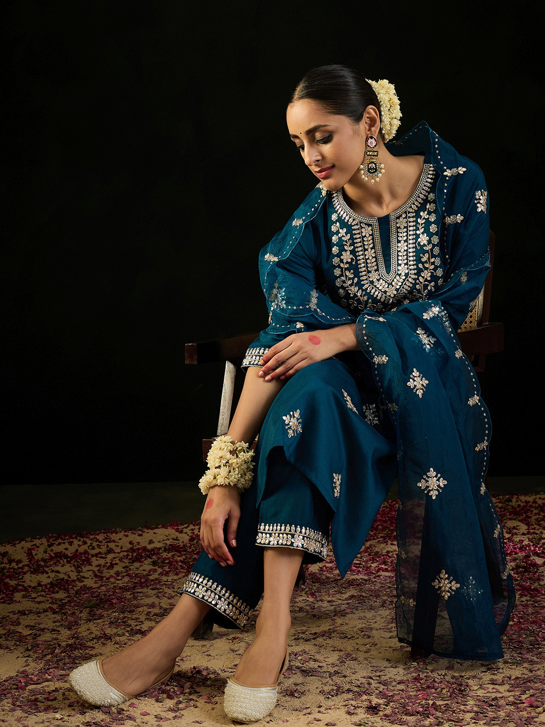 

Indo Era Ethnic Motifs Embroidered Gotta Patti Straight Kurta With Trousers & Dupatta, Teal
