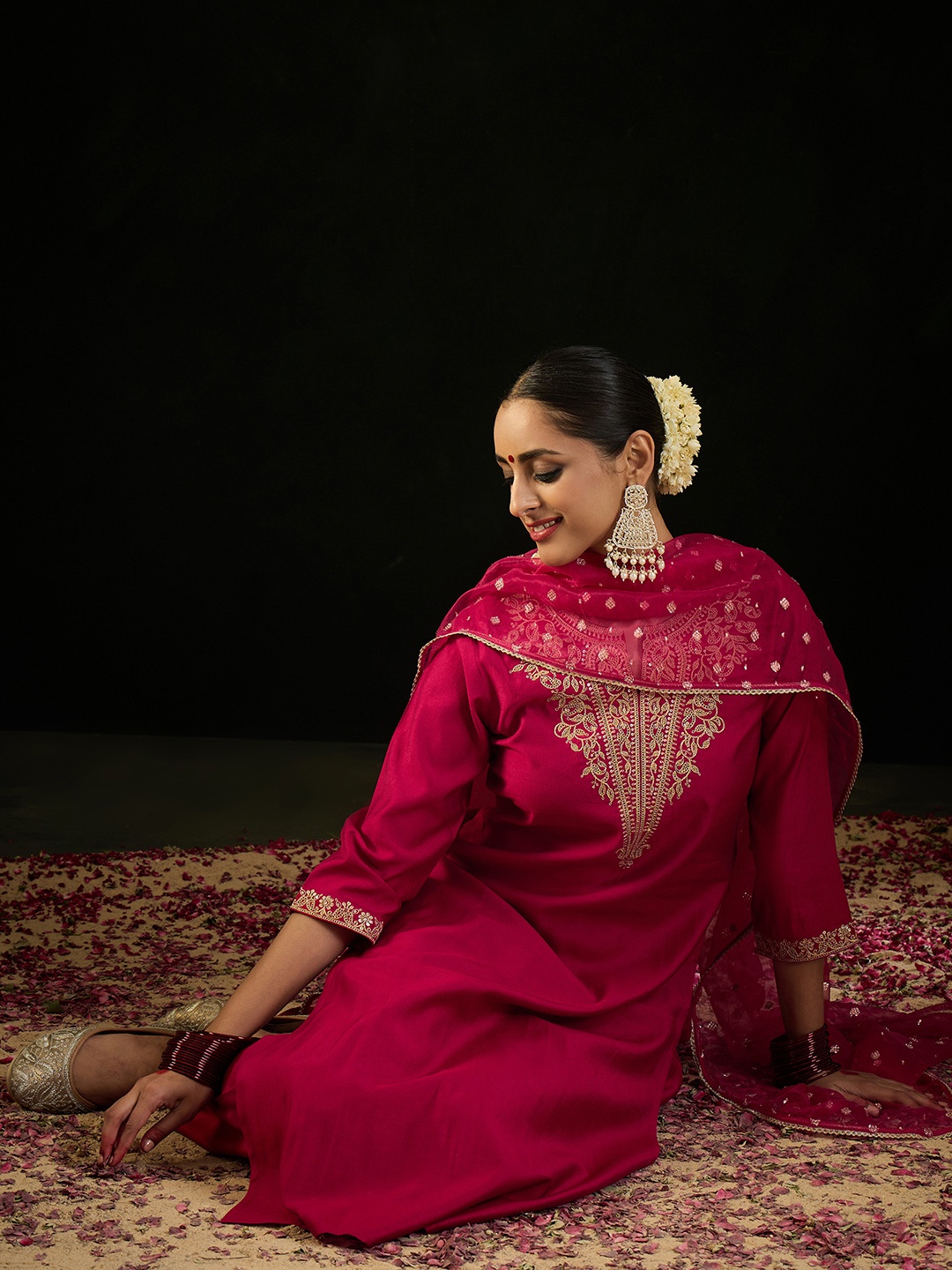 

Indo Era Notched Neck Ethnic Motifs Embroidered Liva Kurta with Trouser & Dupatta, Pink