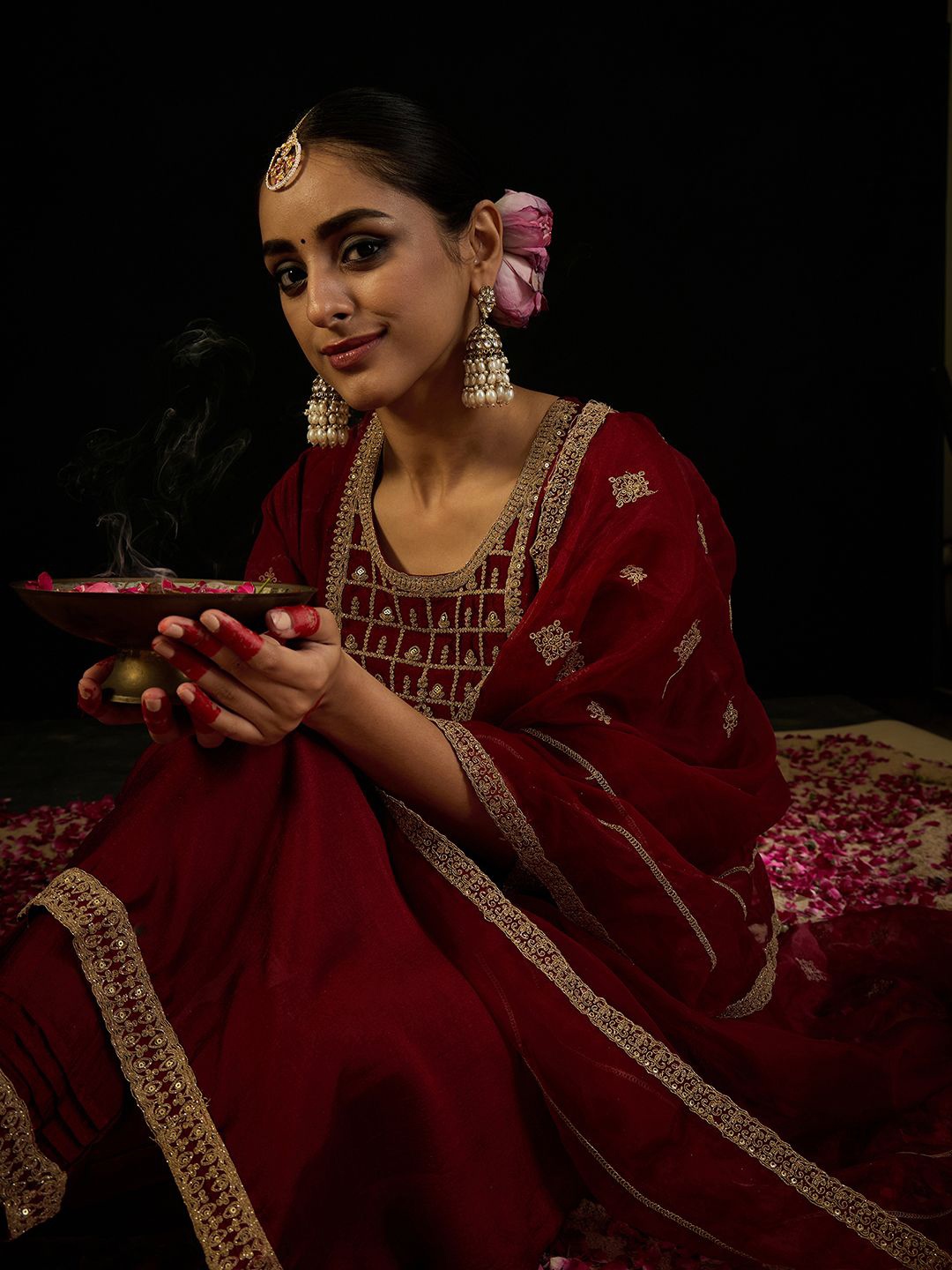 

Indo Era Round Neck Ethnic Embroidered Mirror Work Kurta with Trouser & Dupatta, Maroon