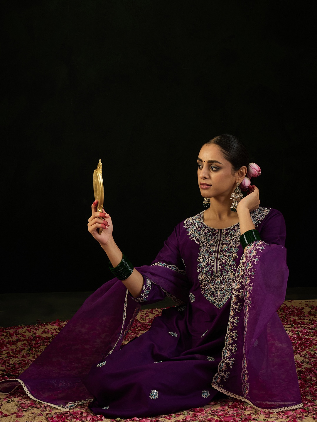

Indo Era Floral Embroidered Straight Kurta With Trousers & Dupatta, Purple
