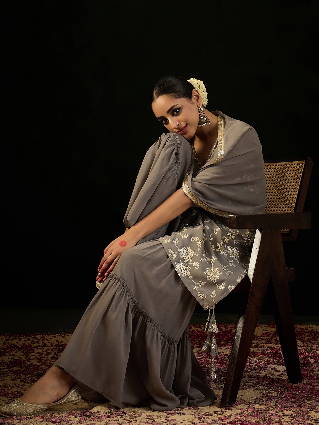 

Indo Era V Neck Floral Embroidered Thread Work Kurta with Sharara & Dupatta, Grey