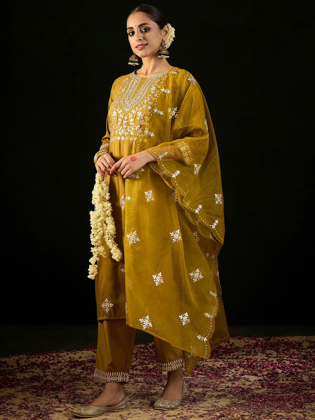 

Indo Era Ethnic Motifs Embroidered Regular Gotta Patti Kurta with Trousers & Dupatta, Mustard