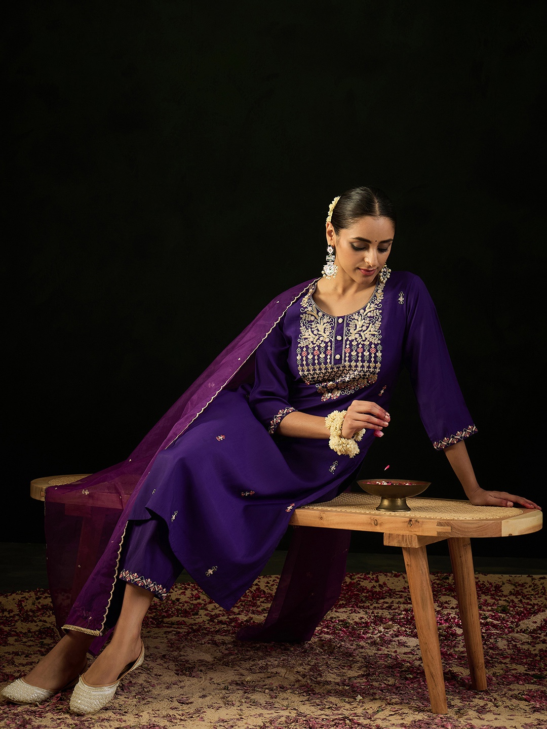 

Indo Era Round Neck Ethnic Motifs Embroidered Sequinned Kurta with Trouser & Dupatta, Purple