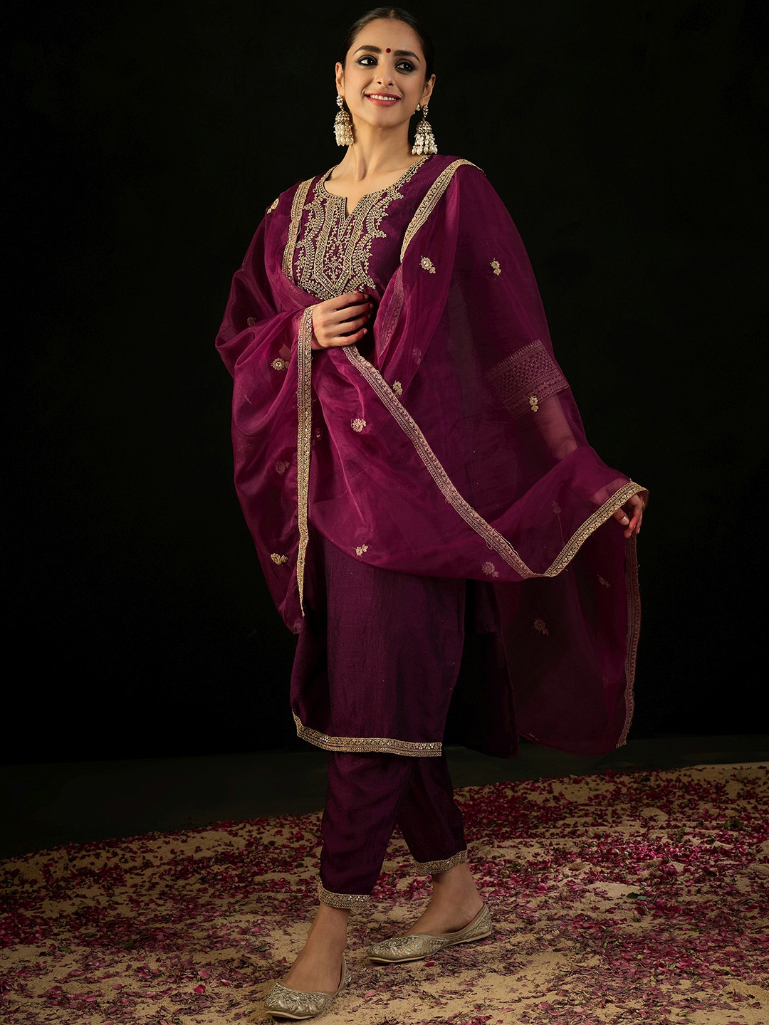 

Indo Era Notched Neck Embroidered Sequinned Kurta with Trouser & Dupatta, Burgundy