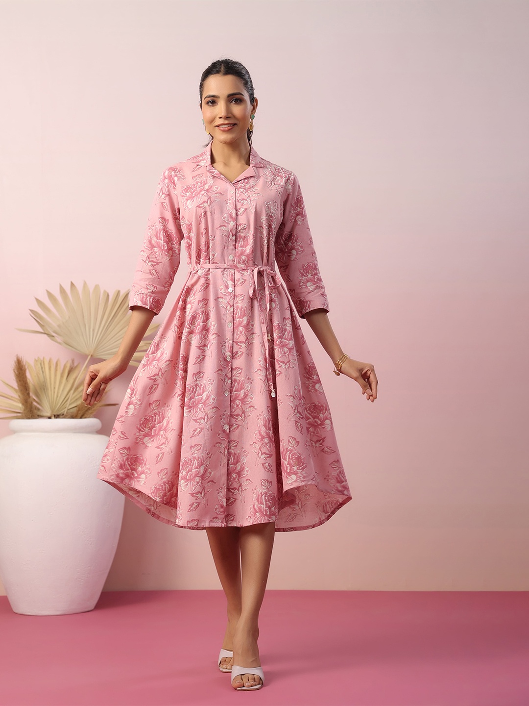 

INDYES Floral Print Shirt Midi Dress, Peach
