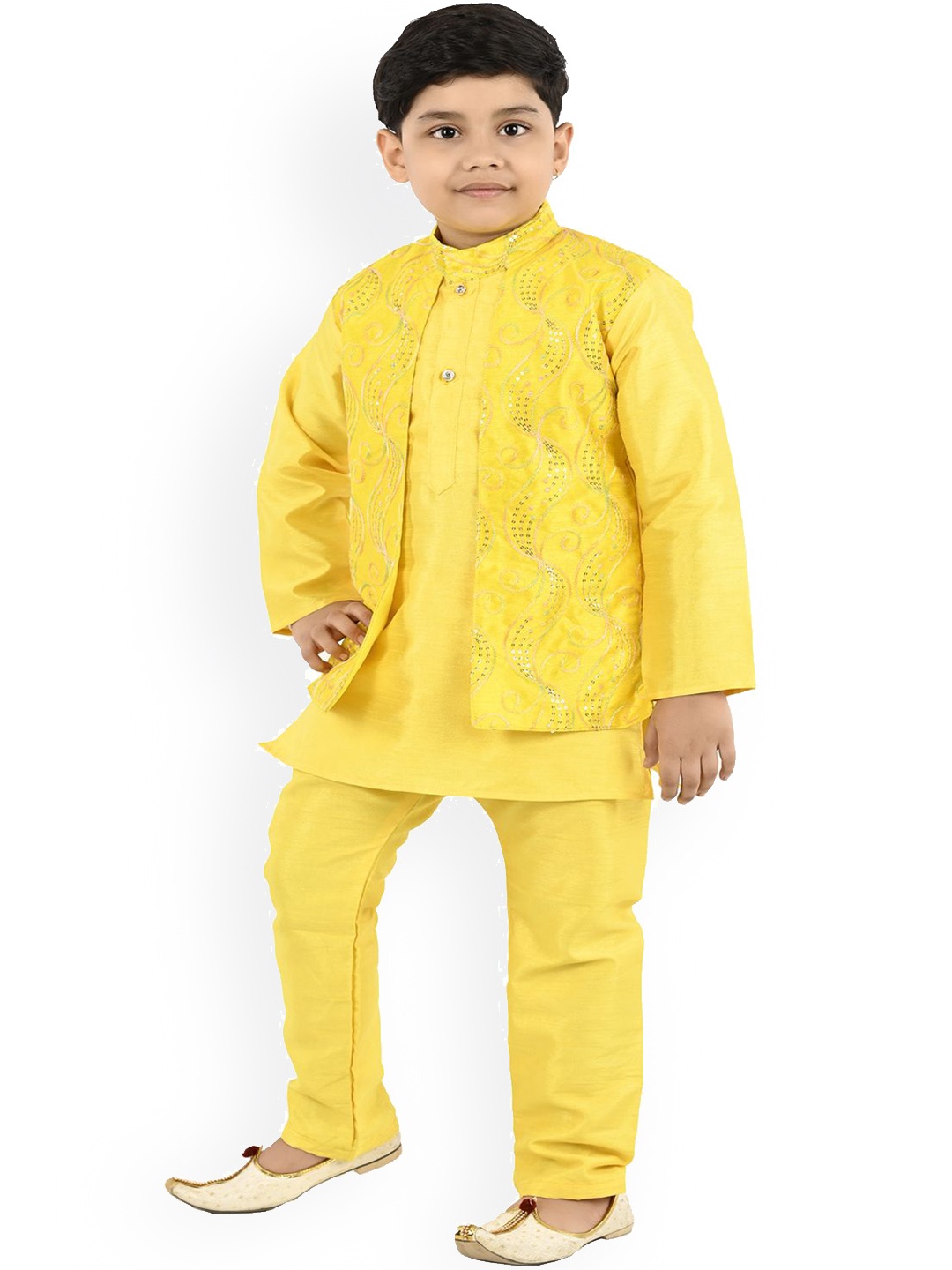 

BAESD Boys Mandarin Collar Sequinned Straight Kurta with Trousers, Yellow