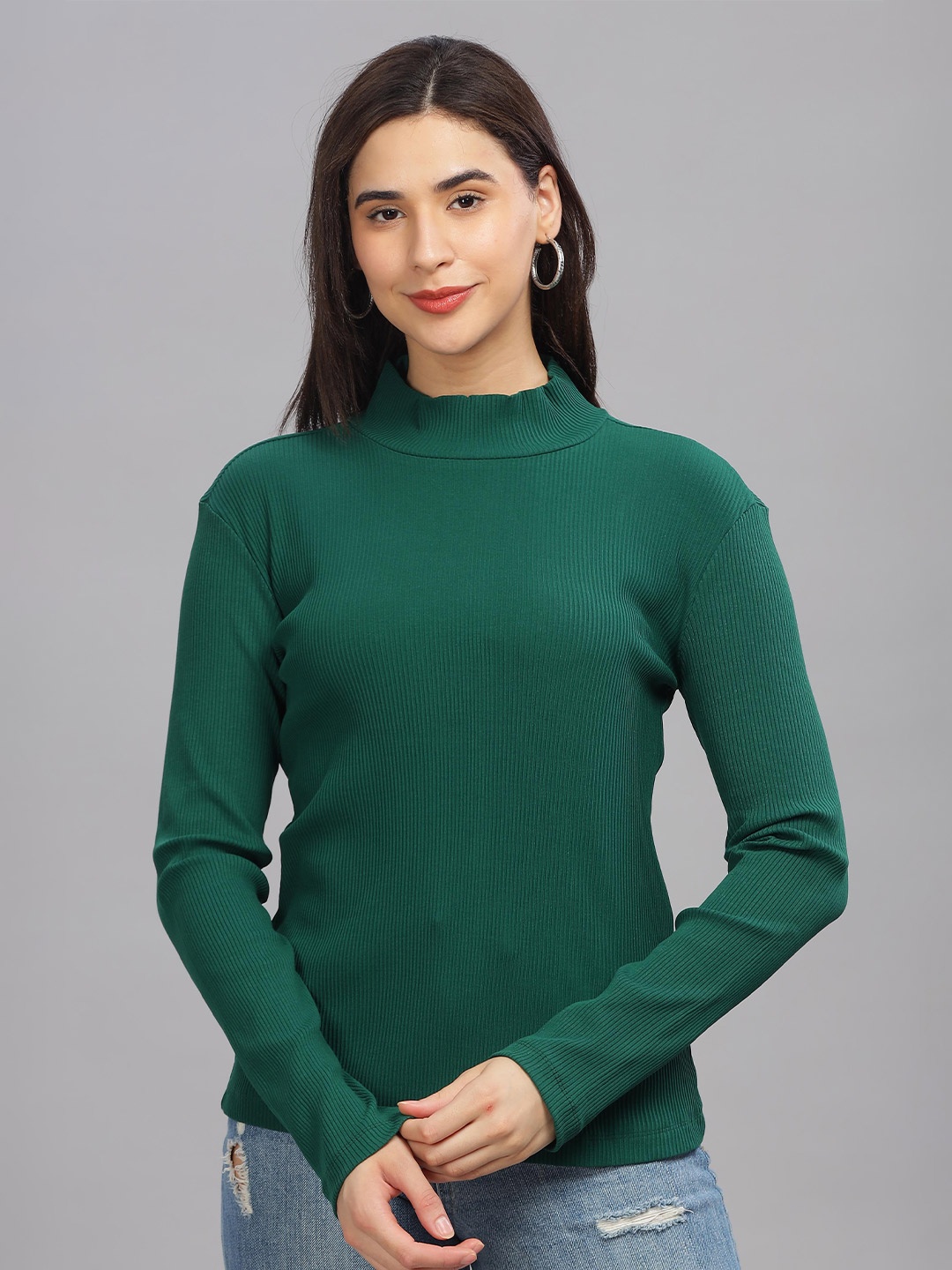 

HEYLAY High Neck Drop-Shoulder Sleeves Cotton T-shirt, Green