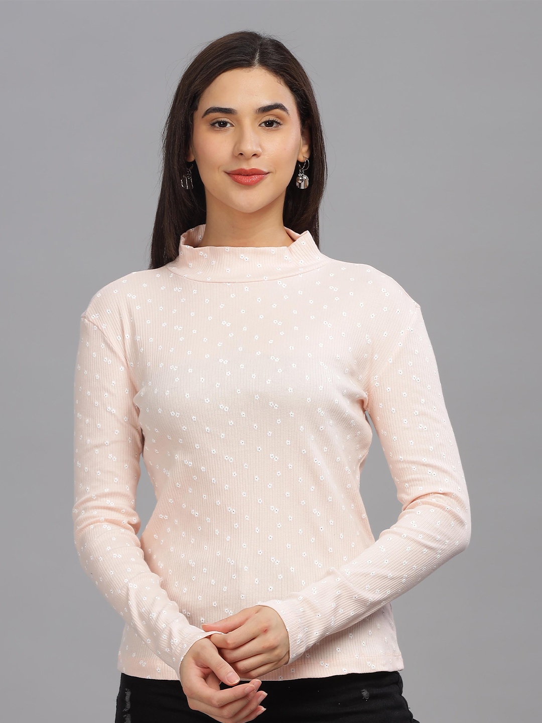 

HEYLAY Floral Printed High Neck Drop-Shoulder Sleeves Cotton T-shirt, Cream