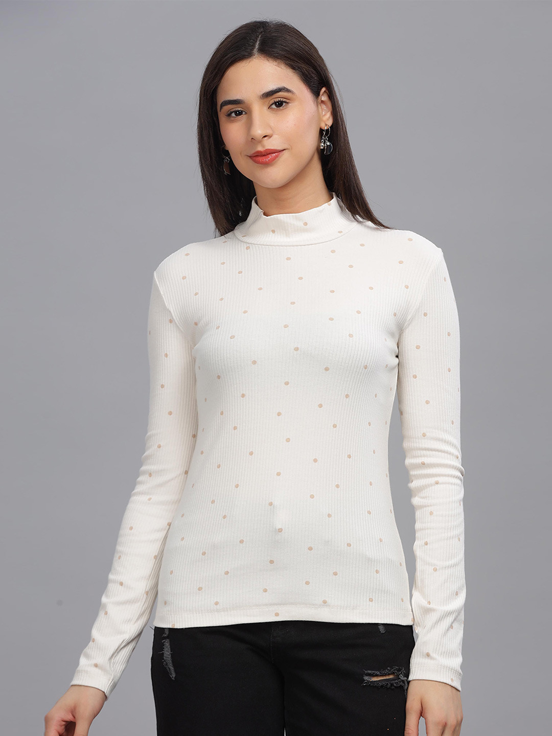

HEYLAY Polka Dots Printed High Neck Drop-Shoulder Sleeves Cotton T-shirt, Off white
