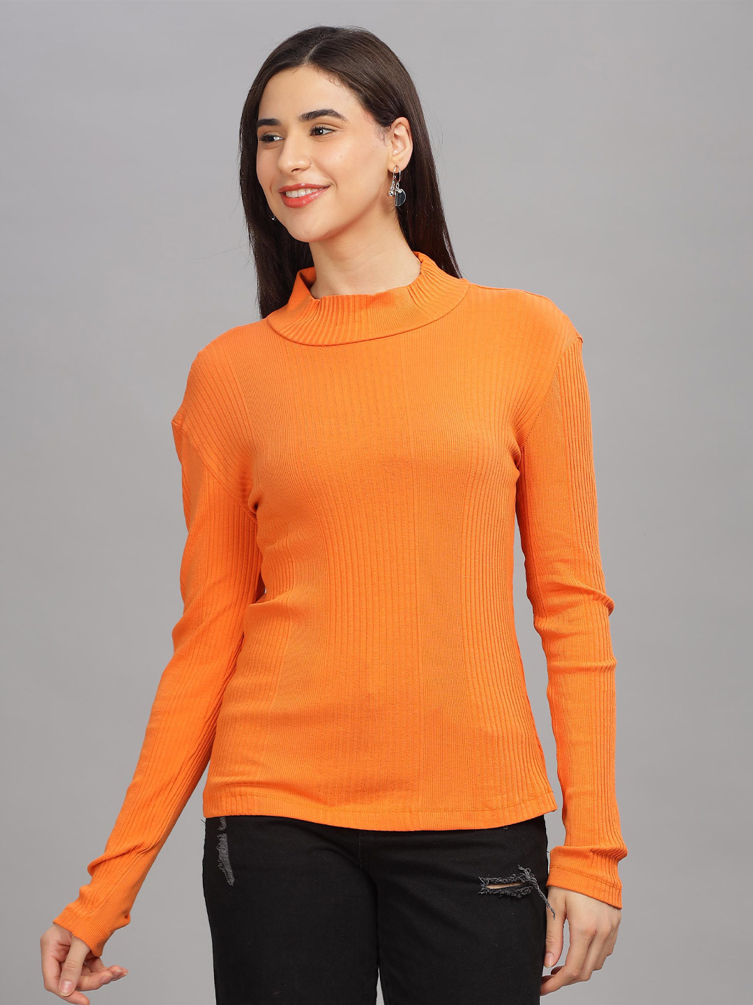

HEYLAY High Neck Drop-Shoulder Sleeves Cotton T-shirt, Orange