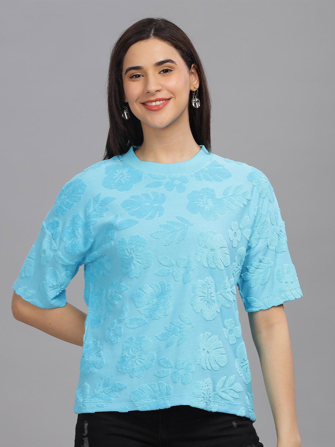 

HEYLAY Tropical Self Design Round Neck Drop-Shoulder Sleeves Cotton T-shirt, Blue