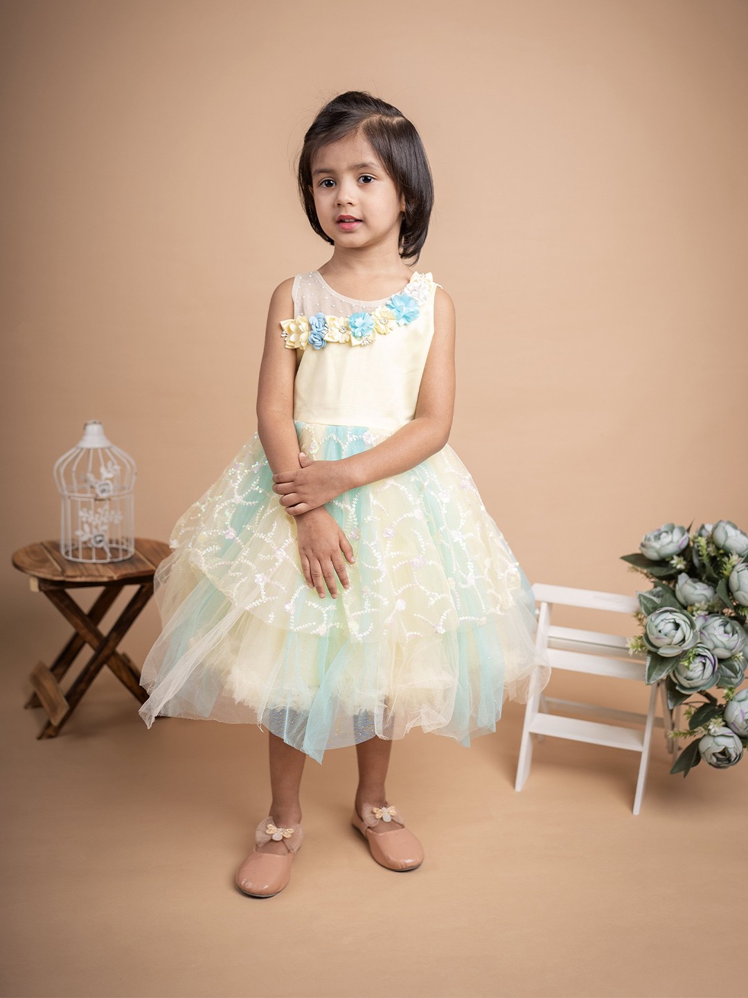 

BAESD Girls Floral Self Design Layered Lace Fit & Flare Dress, Yellow
