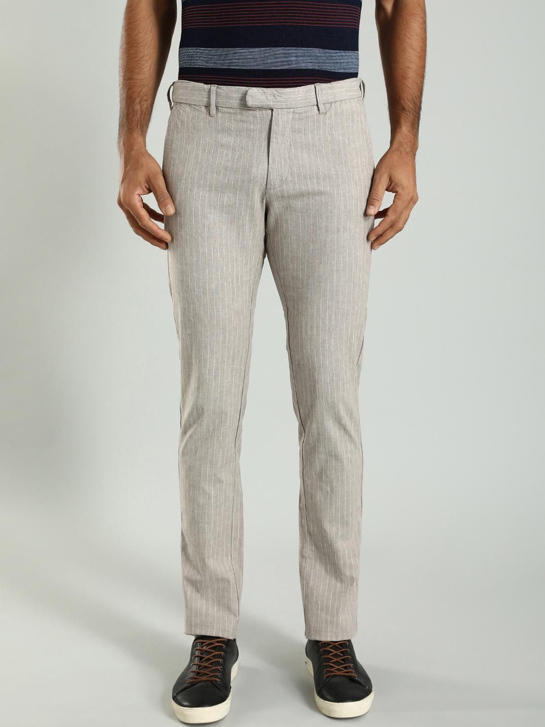 

Indian Terrain Men Striped Brooklyn Slim Fit Trousers, Brown