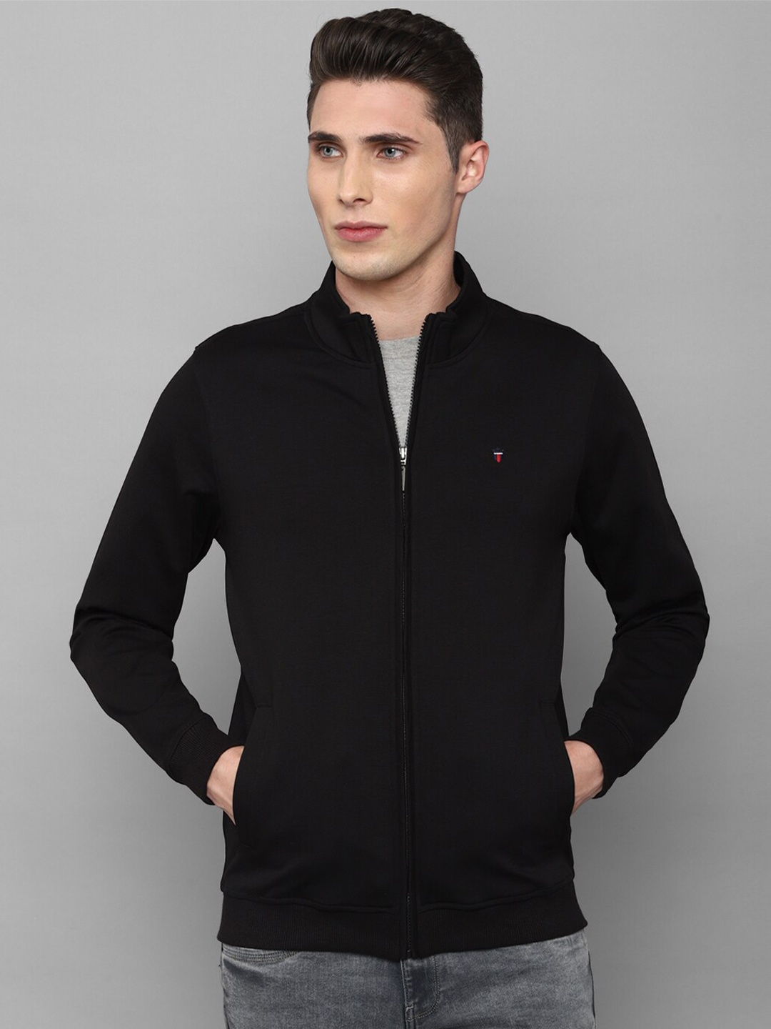 

Louis Philippe Jeans Mock Collar Pure Cotton Front-Open Sweatshirt, Black
