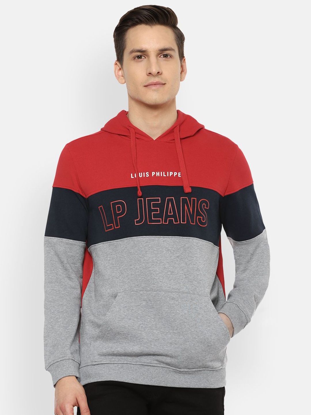 

Louis Philippe Jeans Colourblocked Hooded Pure Cotton Pullover Sweatshirt, Grey