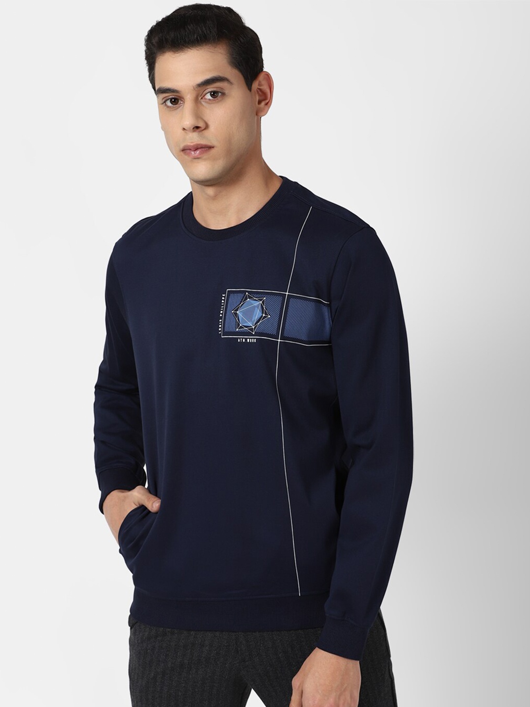 

Louis Philippe Sport Graphic Printed Pure Cotton Pullover Sweatshirt, Navy blue