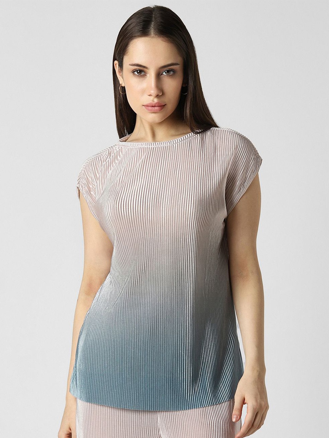 

Van Heusen Woman Round Neck Ombre Extended Sleeves Striped Top, Beige
