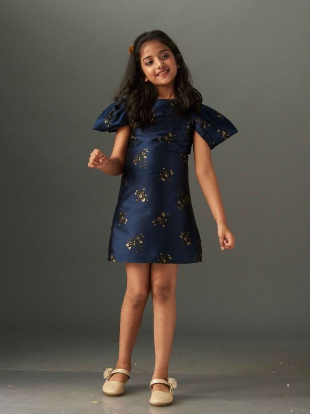 

KidsDew Print Flared Sleeve Jacquard A-Line Dress, Navy blue