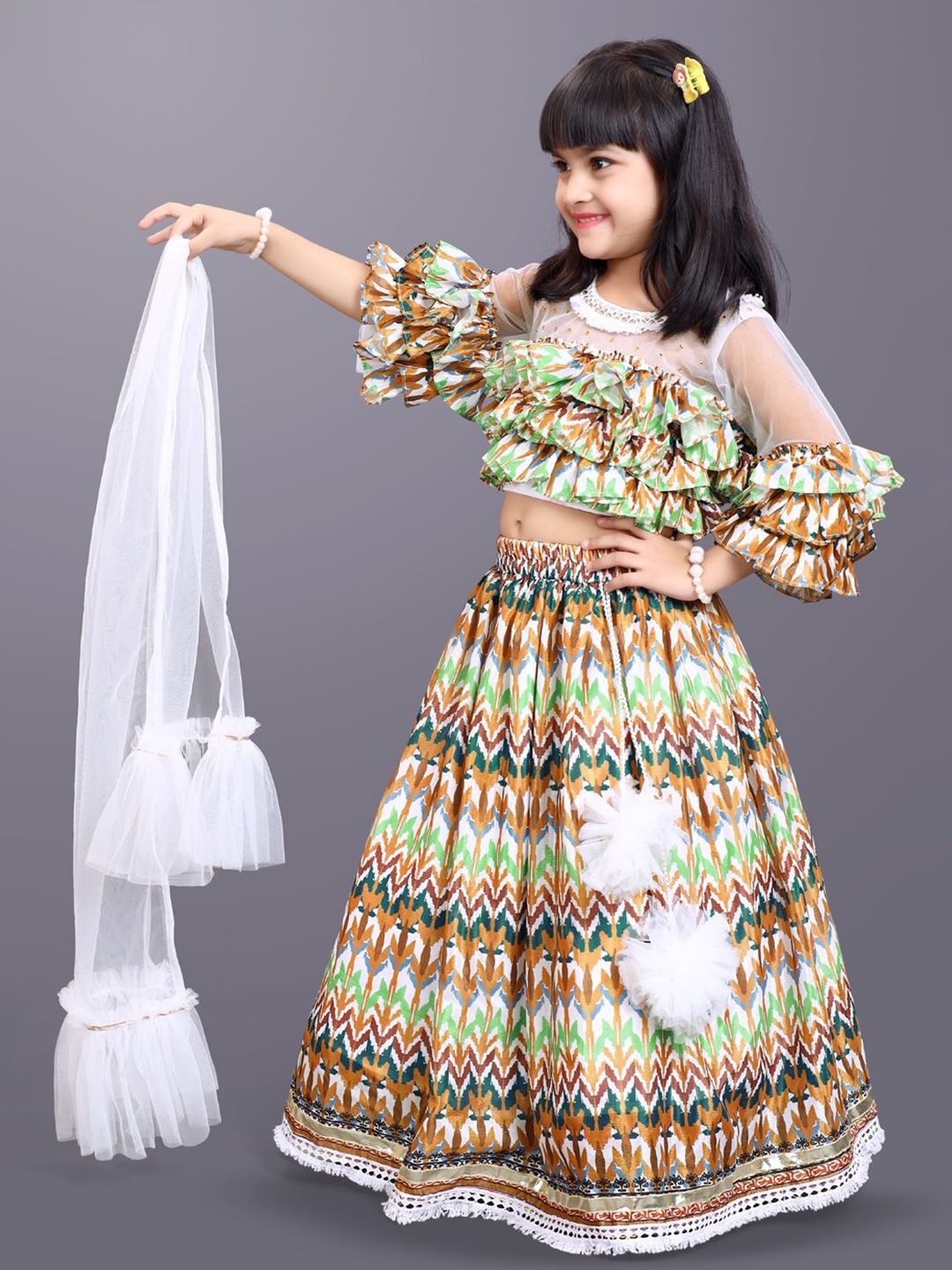 

BAESD Girls Printed Ready to Wear Lehenga & Blouse With Dupatta, Green