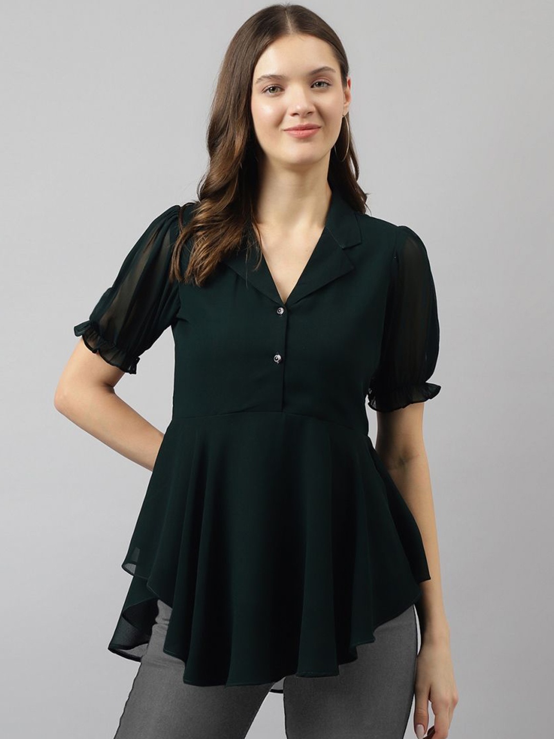 

TOOCHKI Puff Sleeve Georgette High-Low Top, Green