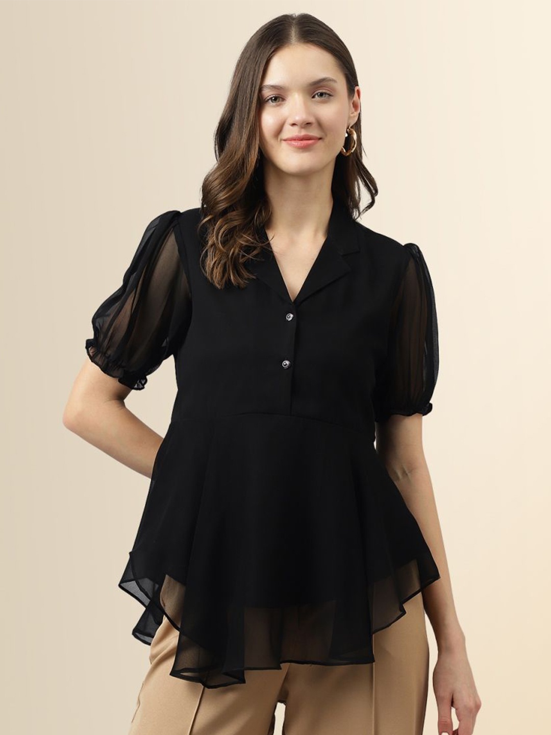 

TOOCHKI V-Neck Puff Sleeve Georgette Peplum Top, Black