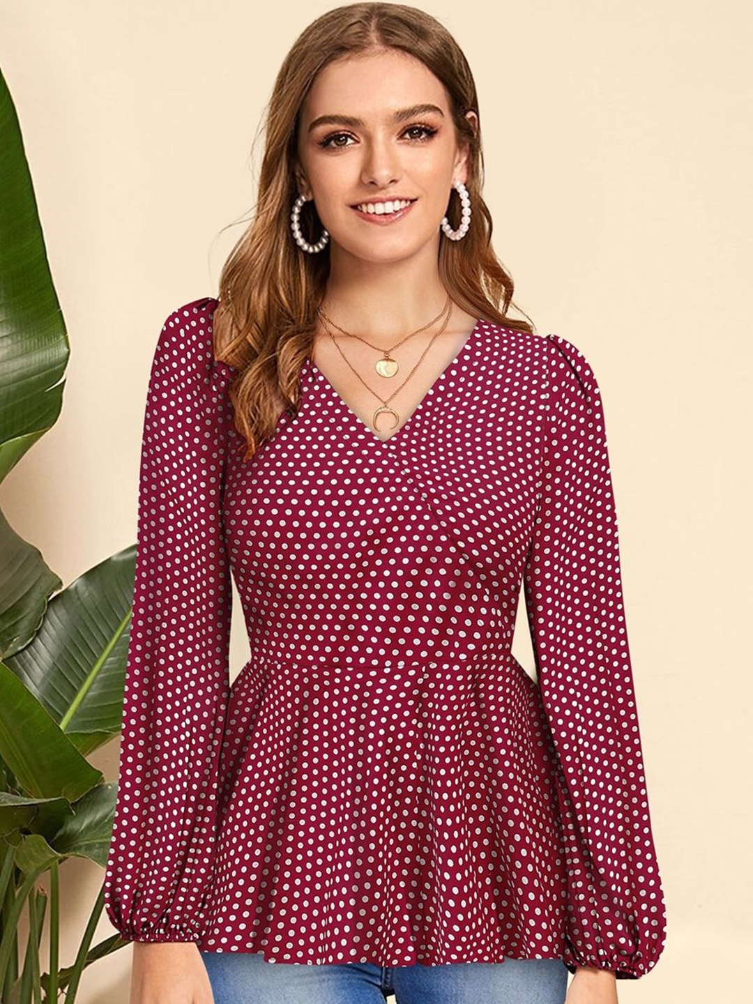 

TOOCHKI V-Neck Polka Dot Printed Wrap Top, Maroon