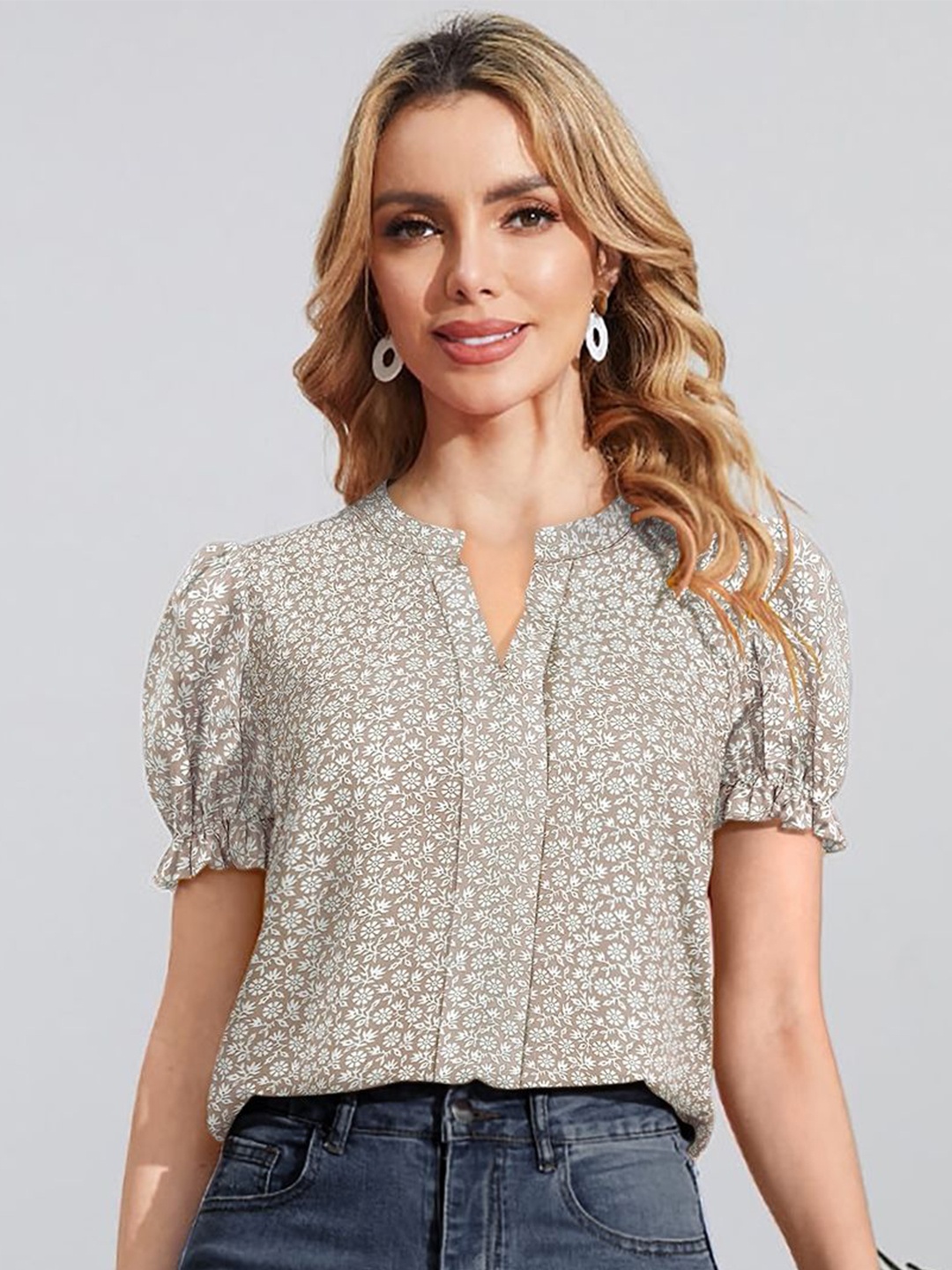 

TOOCHKI Floral Printed Mandarin Collar Puff Sleeve Regular Top, Beige