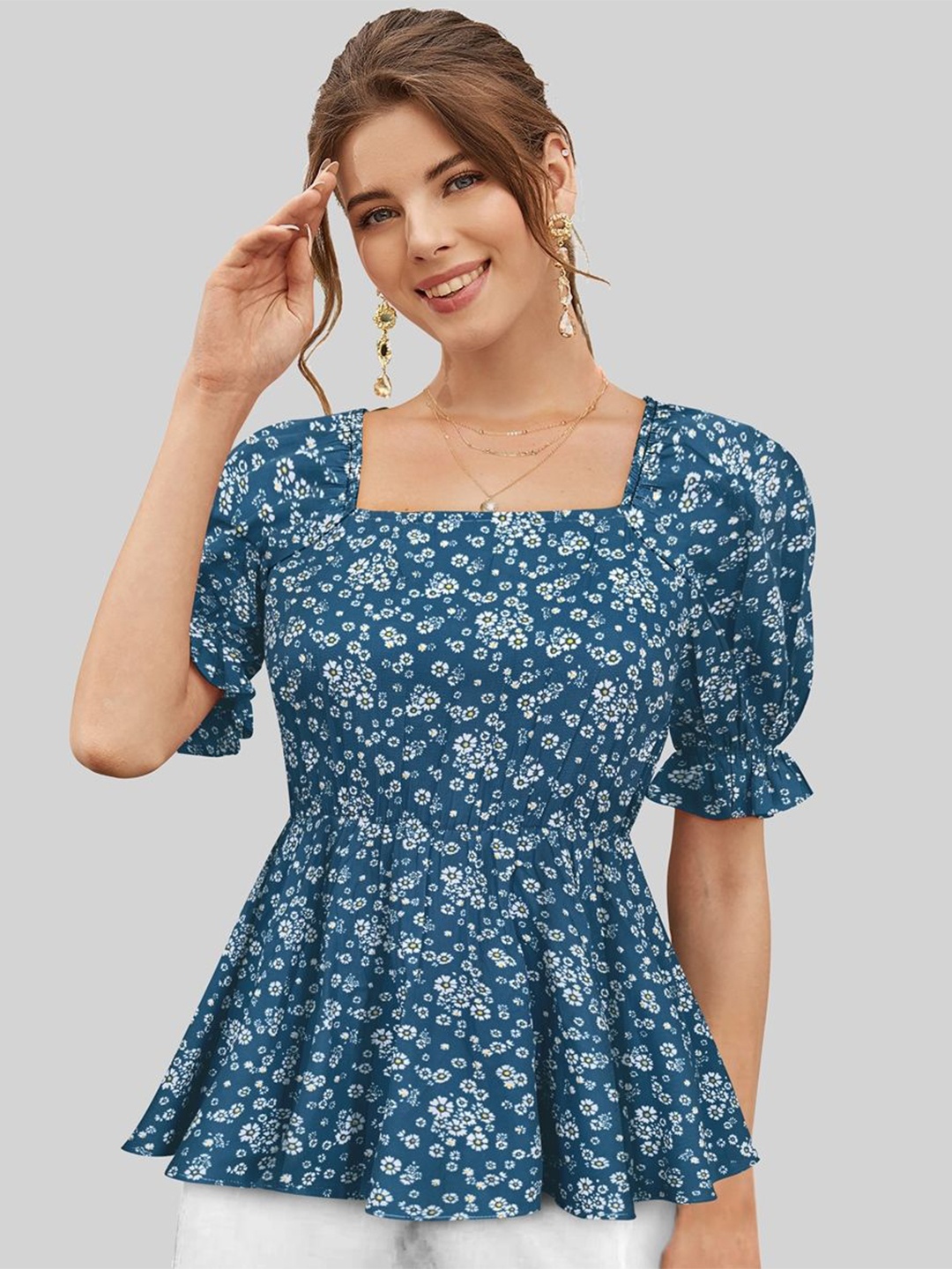 

TOOCHKI Floral Printed Puff Sleeve Peplum Top, Teal
