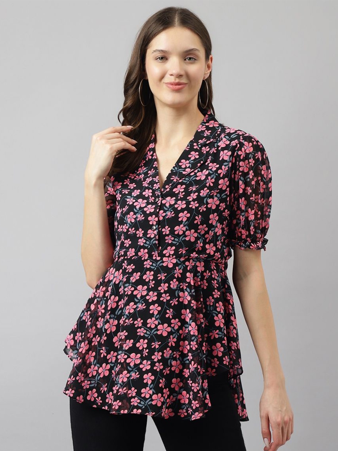 

TOOCHKI Floral Print Puff Sleeve Georgette High-Low Top, Black
