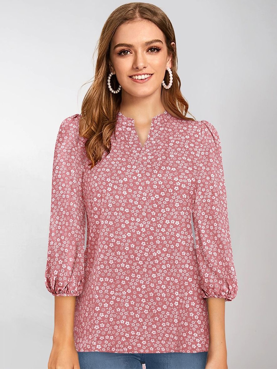 

TOOCHKI Floral Printed Mandarin Collar Puff Sleeve Regular Top, Peach