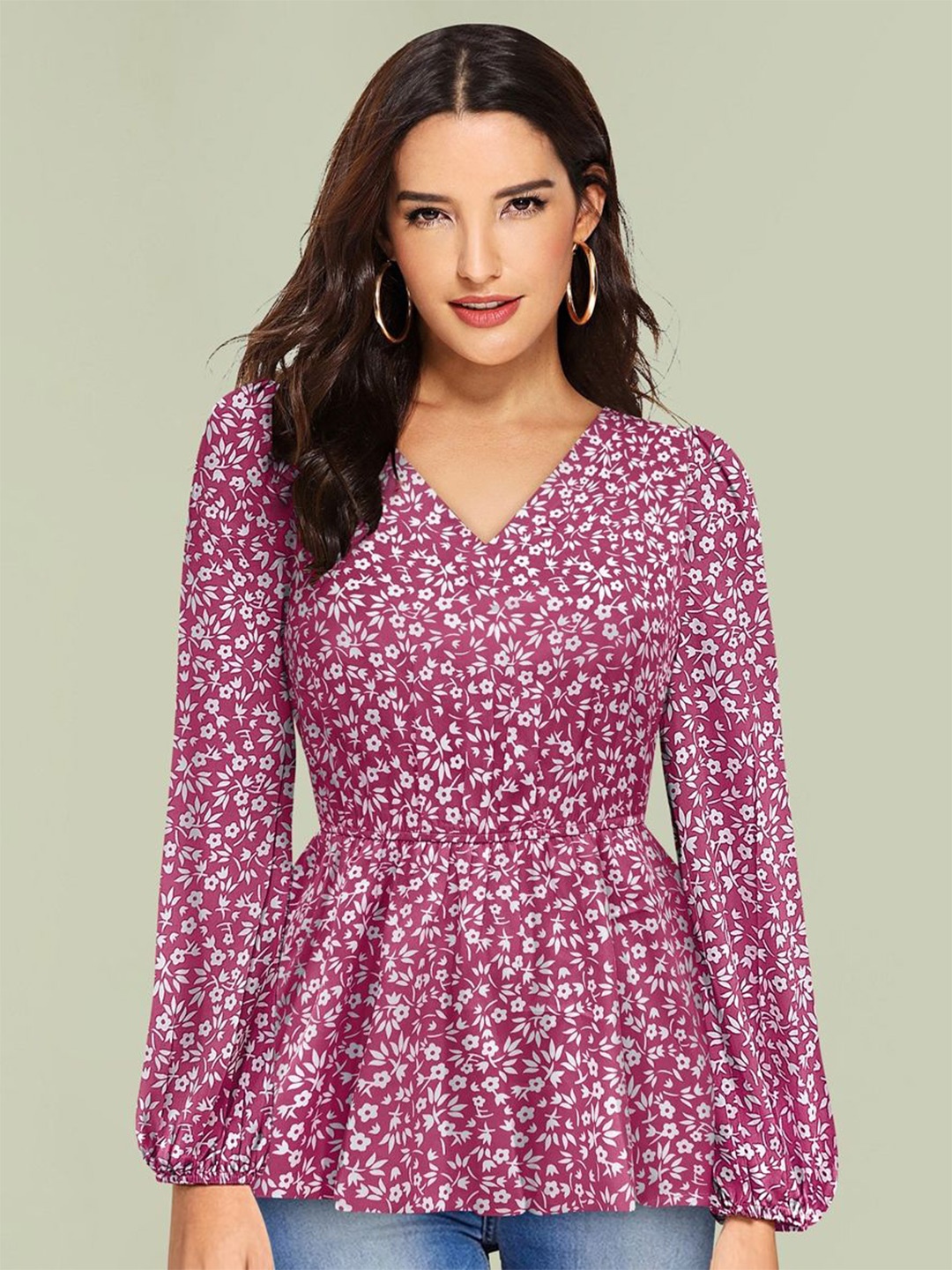

TOOCHKI Floral Printed V-Neck Puff Sleeve Peplum Top, Pink
