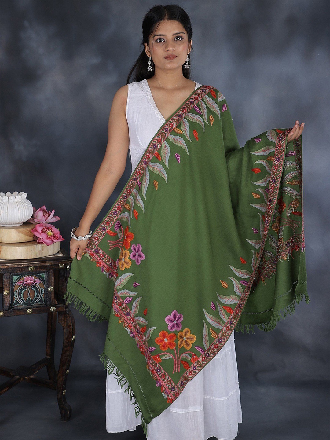 

Exotic India Dill Green Pure Wool Kashmiri Stole with Aari Hand-Embroidery Border