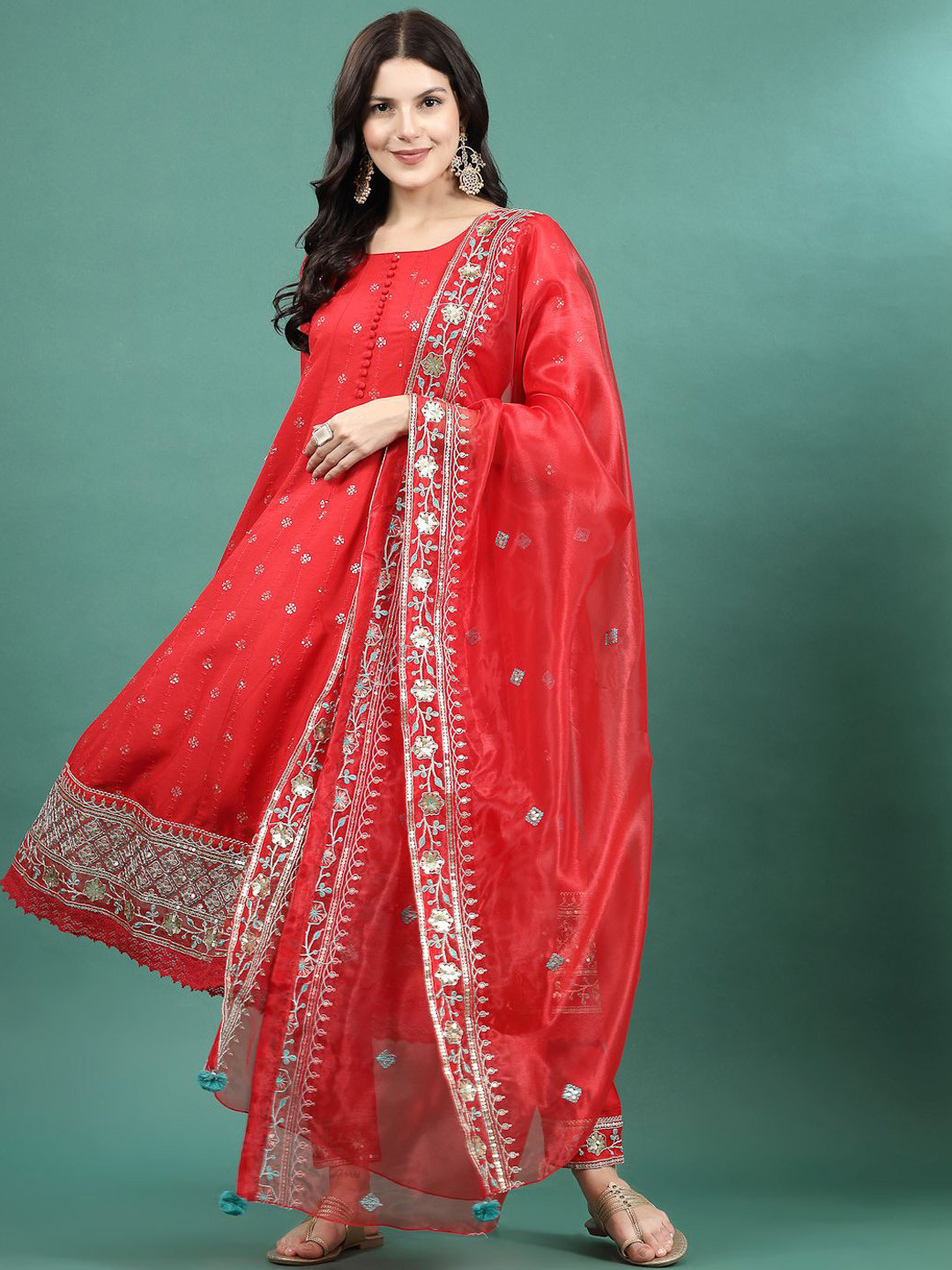 

Sangria Red Floral Embroidered Sequinned Anarkali Kurta & Trousers With Dupatta