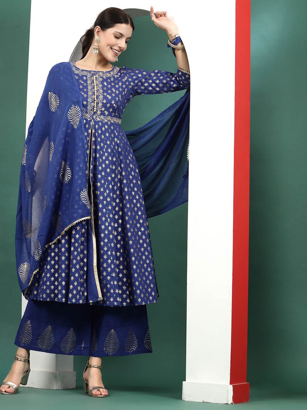 

Sangria Blue Floral Embroidered Pure Cotton A-Line Kurta & Trousers With Dupatta